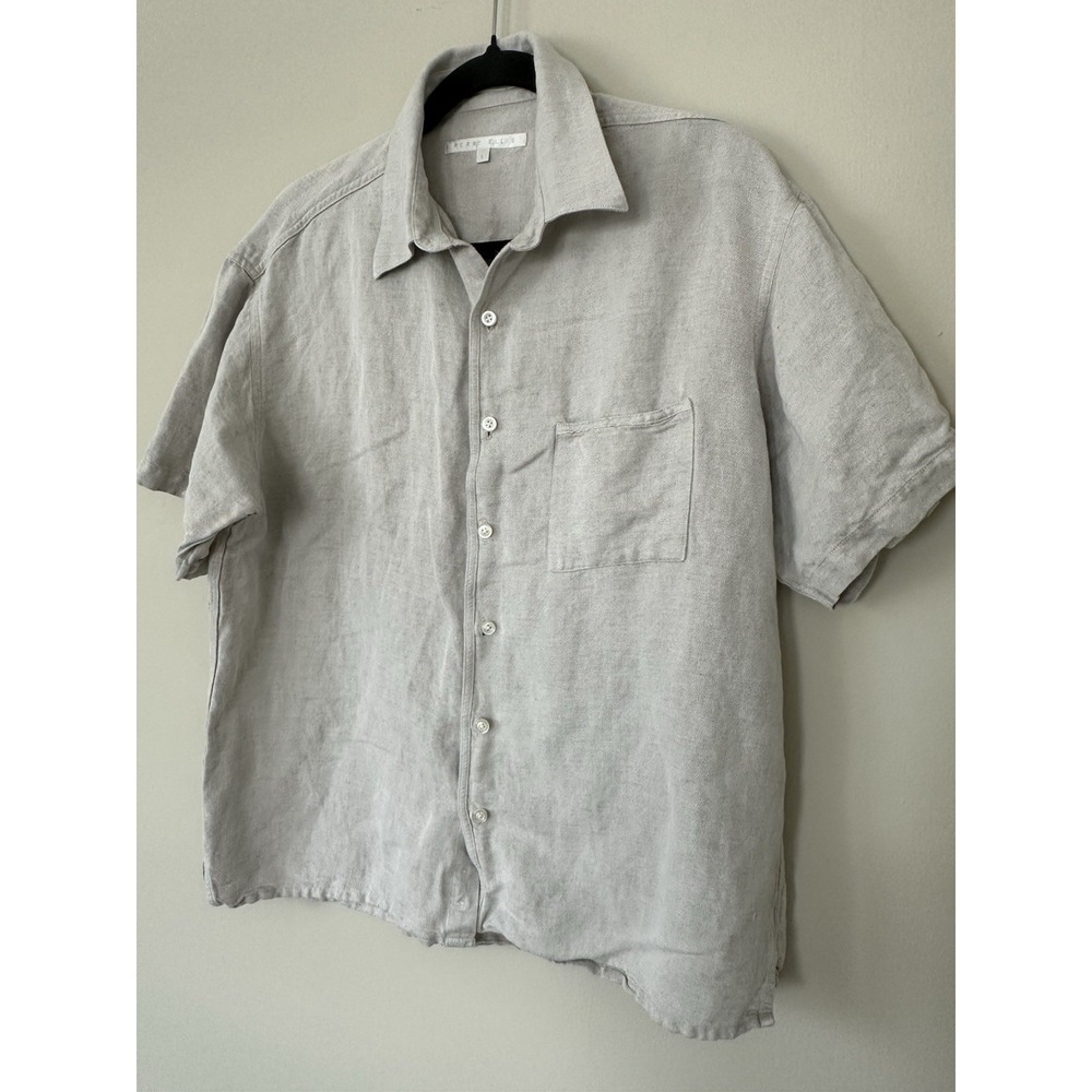 Perry Ellis Oatmeal Linen Blend Box Shirt Mens Large Short Sleeve Button Up